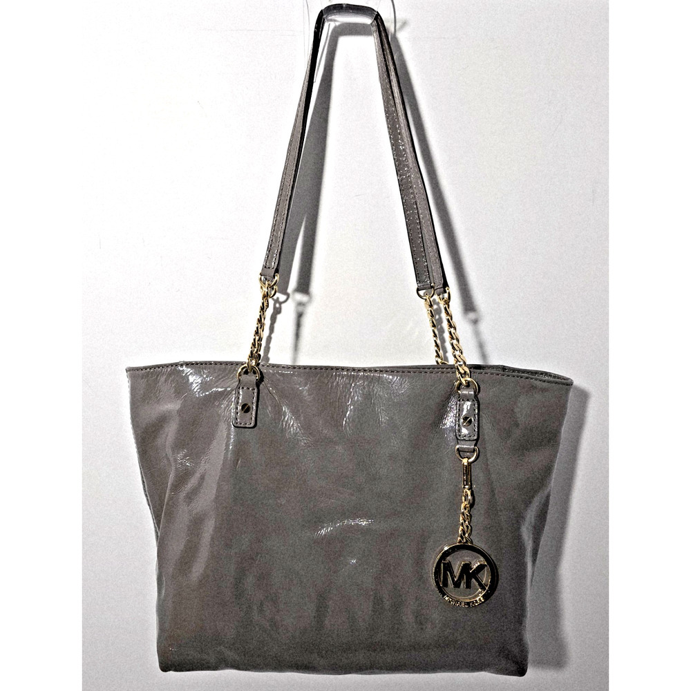 Michael Kors Jet Set Patent Leather Tote Shiny Gray Taupe Leather Chain Handles